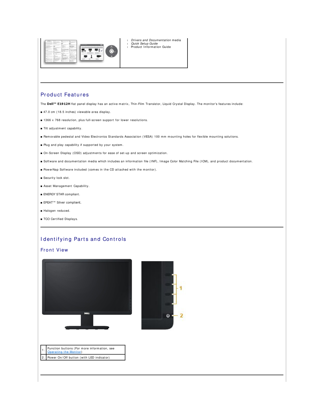 Dell 4690698 appendix Product Features, Identifying Parts and Controls, Front View 