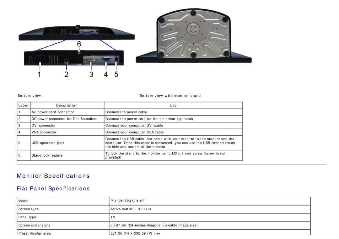 Dell 4691381, P2412H-HF manual Flat Panel Specifications, Bottom view Label Description 