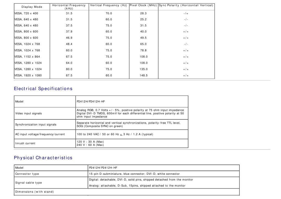 Dell 4691381, P2412H-HF manual Electrical Specifications, Physical Characteristics 