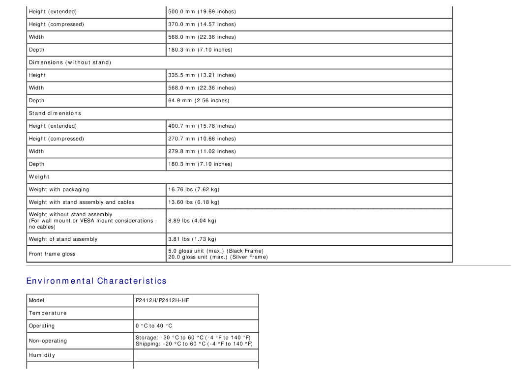 Dell P2412H-HF, 4691381 manual Environmental Characteristics, Stand dimensions 