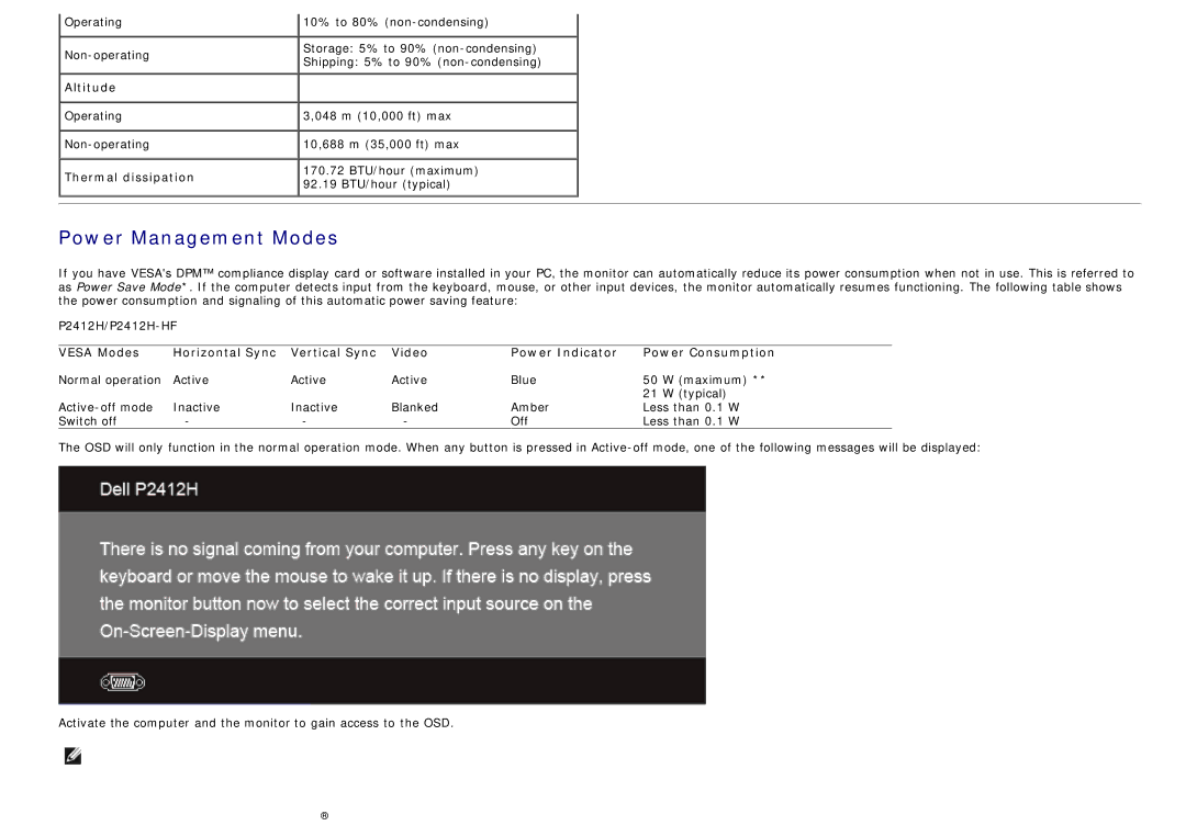 Dell 4691381, P2412H-HF manual Power Management Modes 