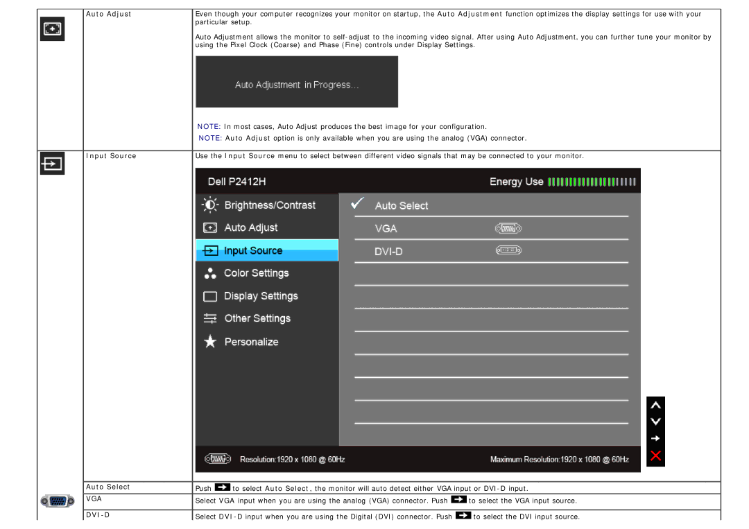 Dell P2412H-HF, 4691381 manual Auto Adjust, Auto Select 