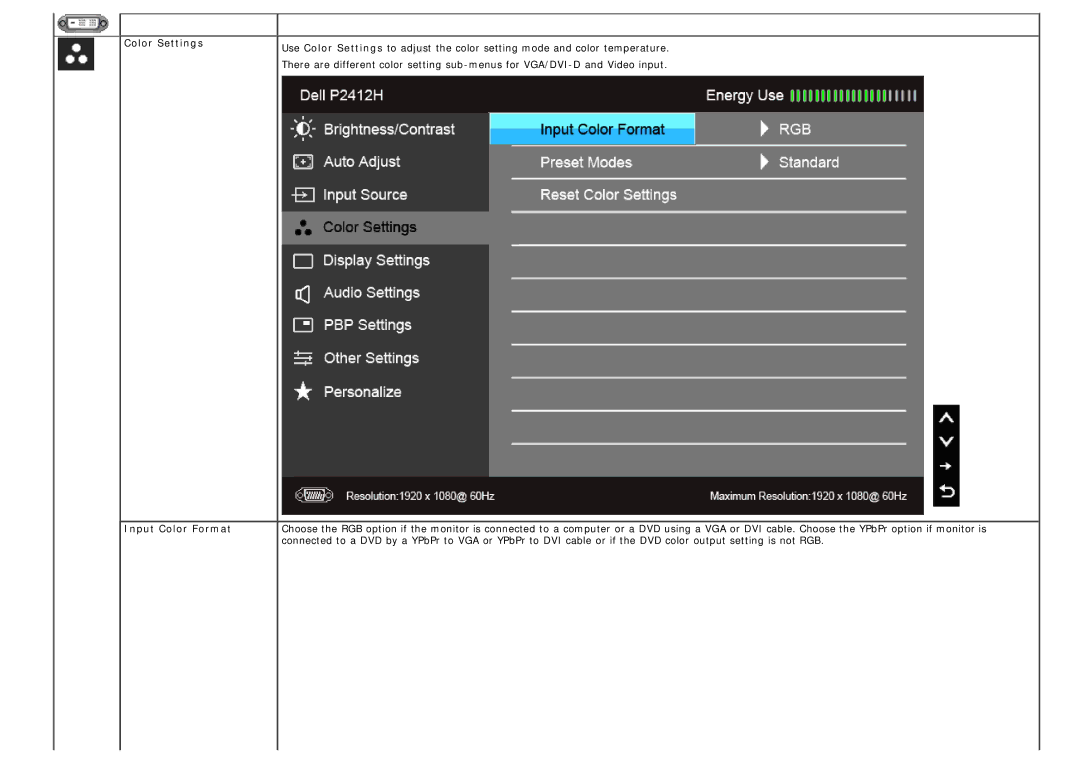 Dell 4691381, P2412H-HF manual Color Settings Input Color Format 