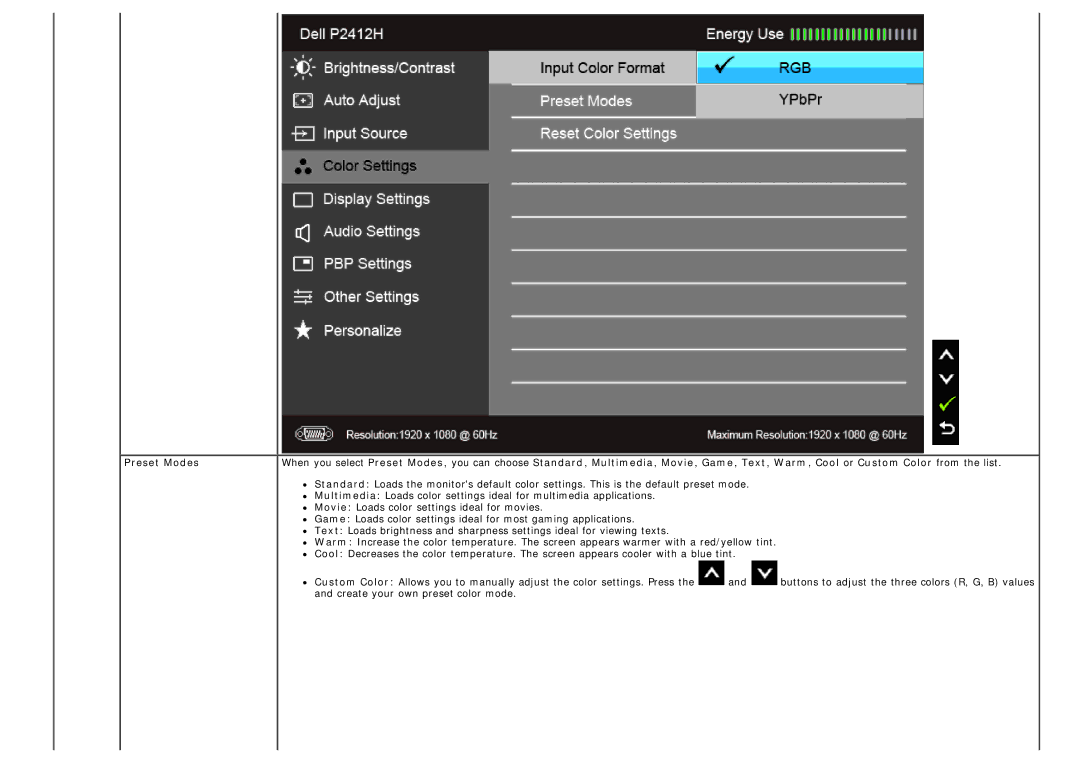 Dell P2412H-HF, 4691381 manual Preset Modes 