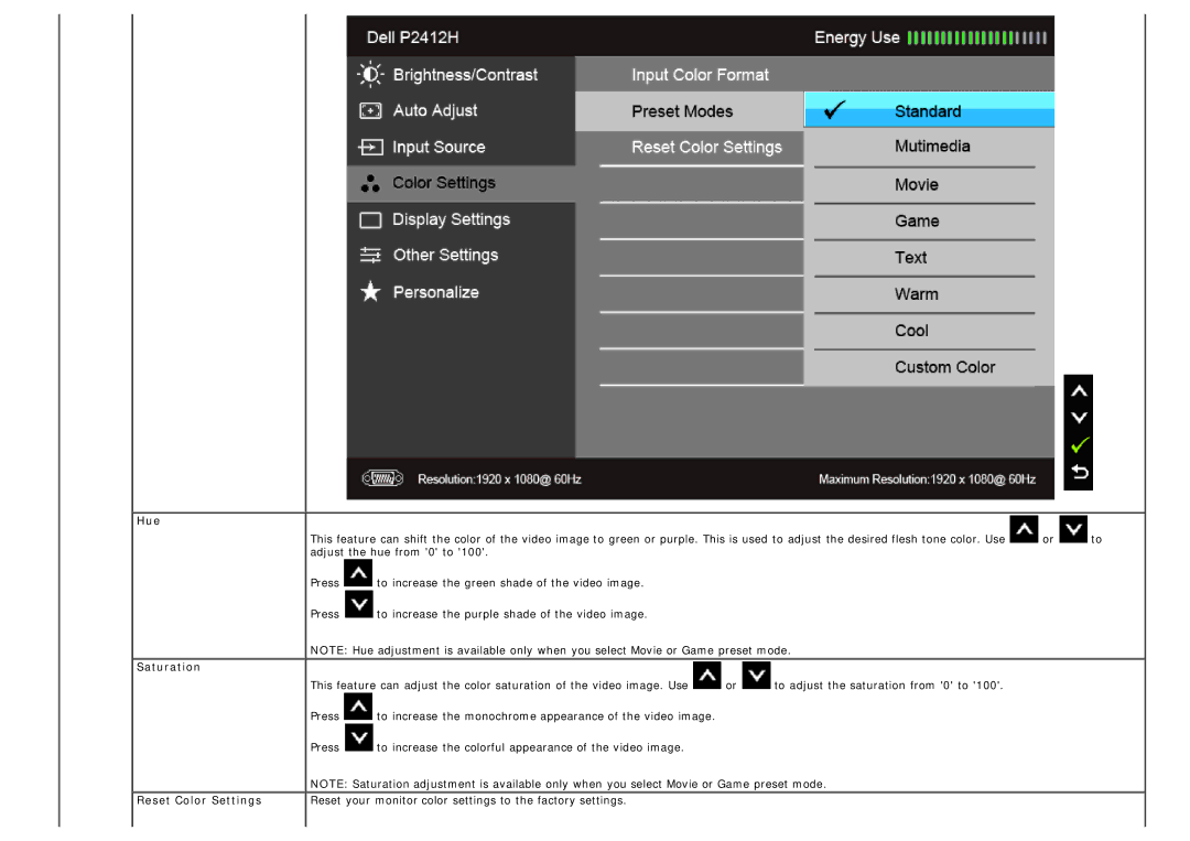 Dell 4691381, P2412H-HF manual Hue, Saturation 