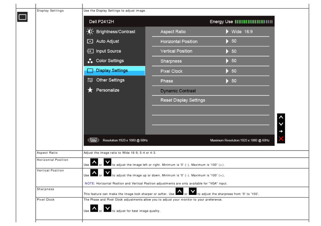 Dell P2412H-HF, 4691381 Display Settings, Aspect Ratio, Horizontal Position, Vertical Position, Sharpness, Pixel Clock 