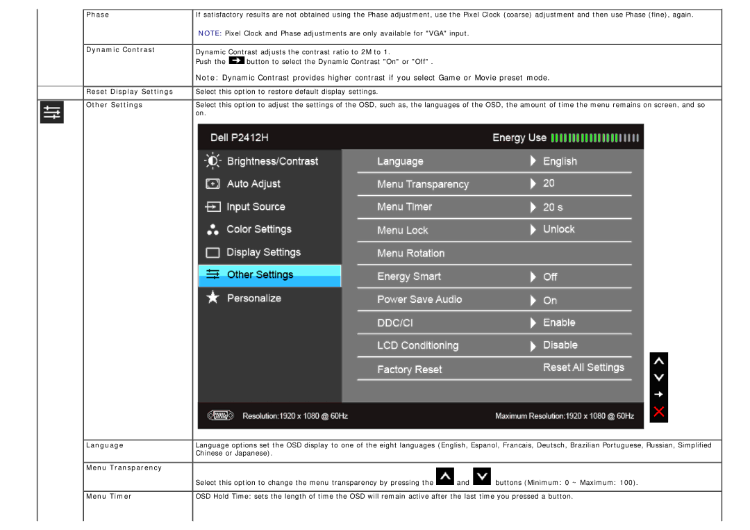 Dell 4691381, P2412H-HF manual Phase Dynamic Contrast, Language, Menu Transparency, Menu Timer 