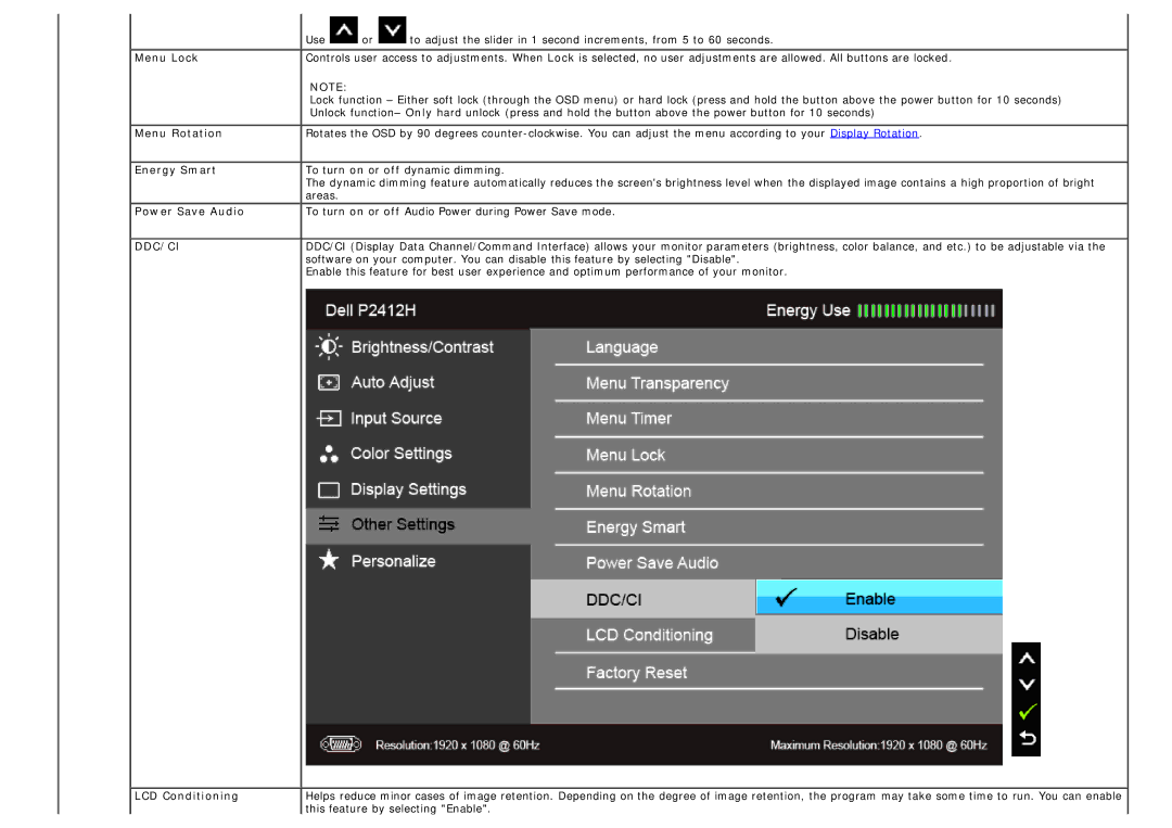 Dell P2412H-HF, 4691381 manual Menu Lock, Menu Rotation, Energy Smart, Power Save Audio, LCD Conditioning 