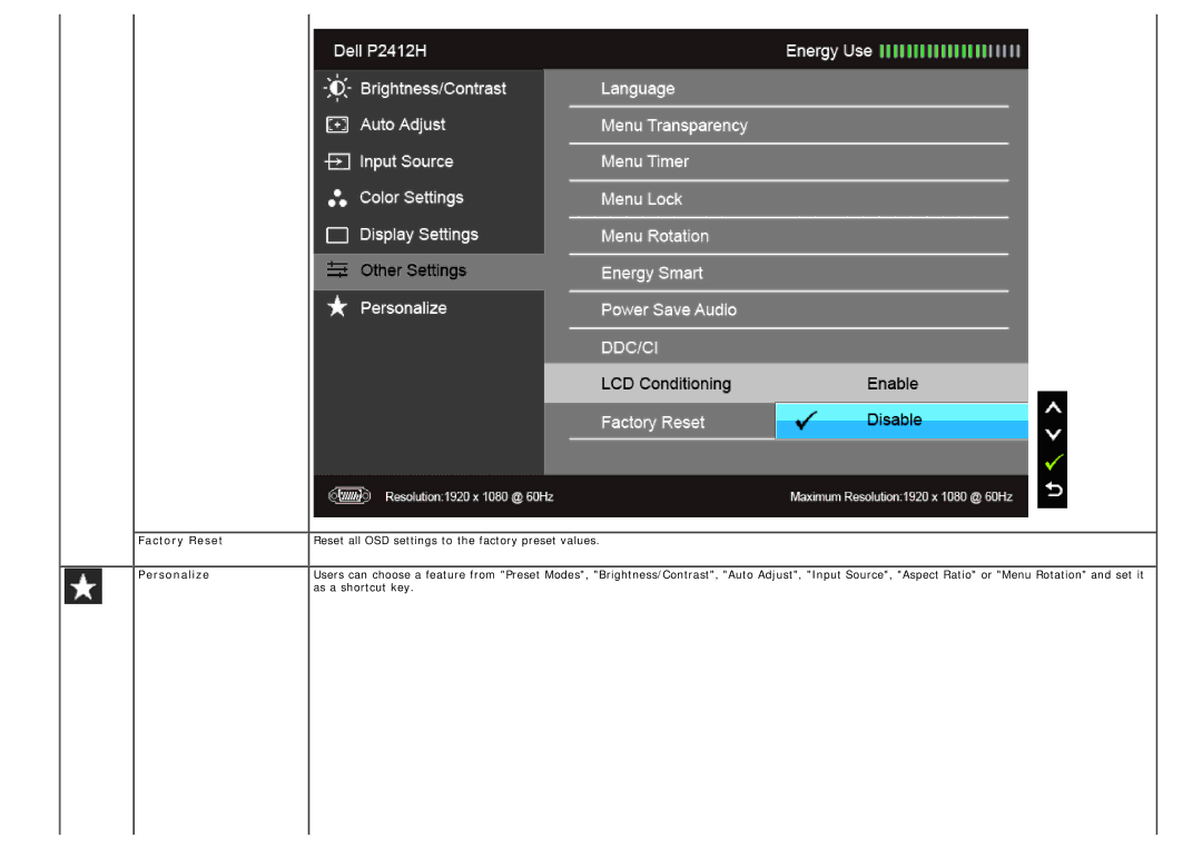 Dell 4691381, P2412H-HF manual Factory Reset, Personalize, As a shortcut key 