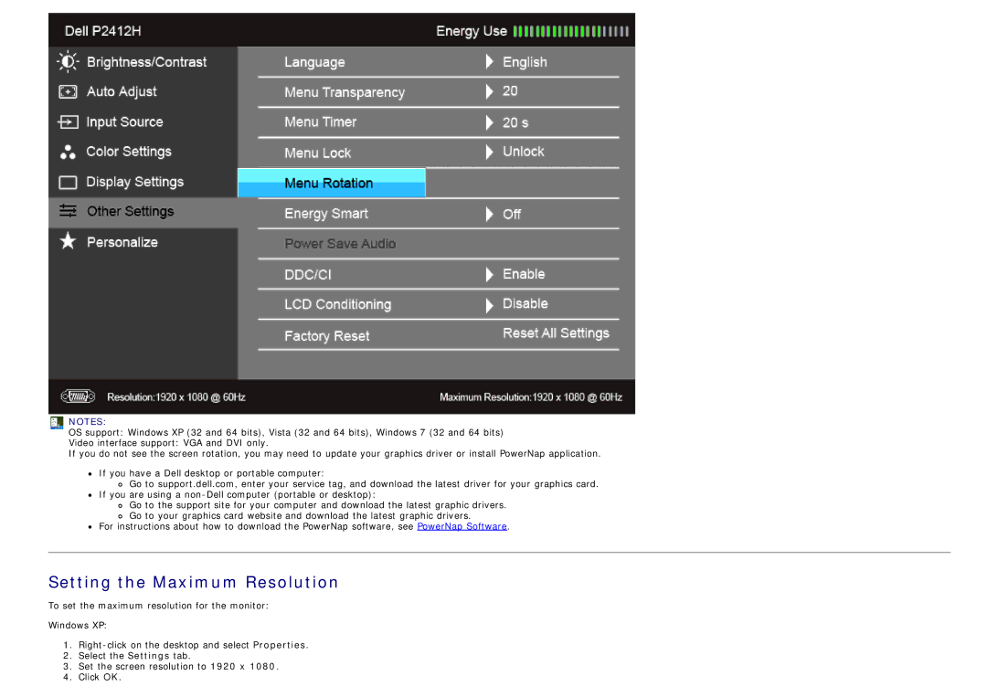 Dell 4691381, P2412H-HF manual Setting the Maximum Resolution 