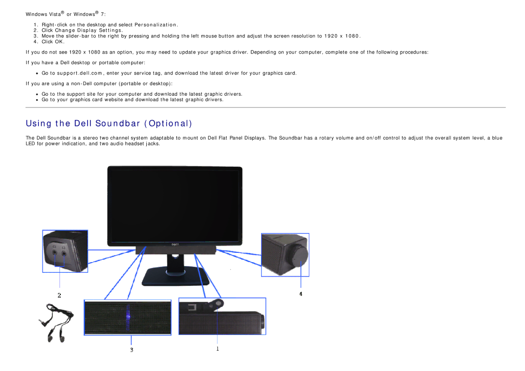 Dell P2412H-HF, 4691381 manual Using the Dell Soundbar Optional, Click Change Display Settings 