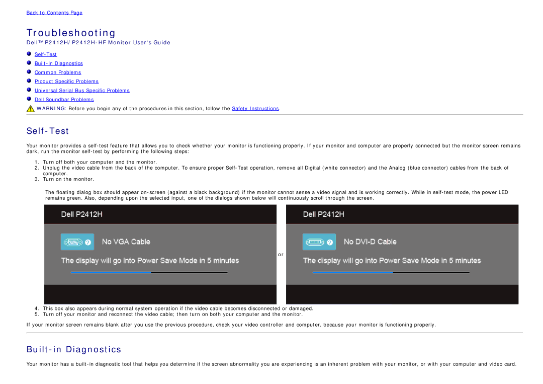 Dell P2412H-HF, 4691381 manual Self-Test, Built-in Diagnostics 