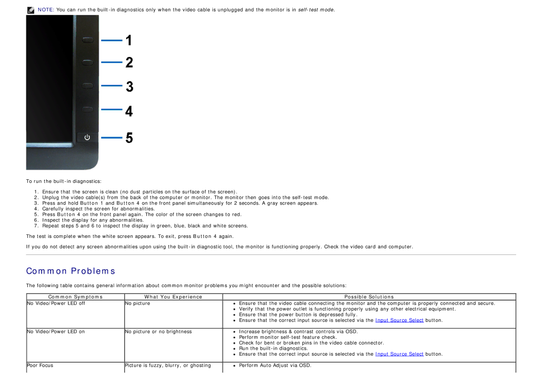 Dell 4691381, P2412H-HF manual Common Problems, Common Symptoms What You Experience Possible Solutions 