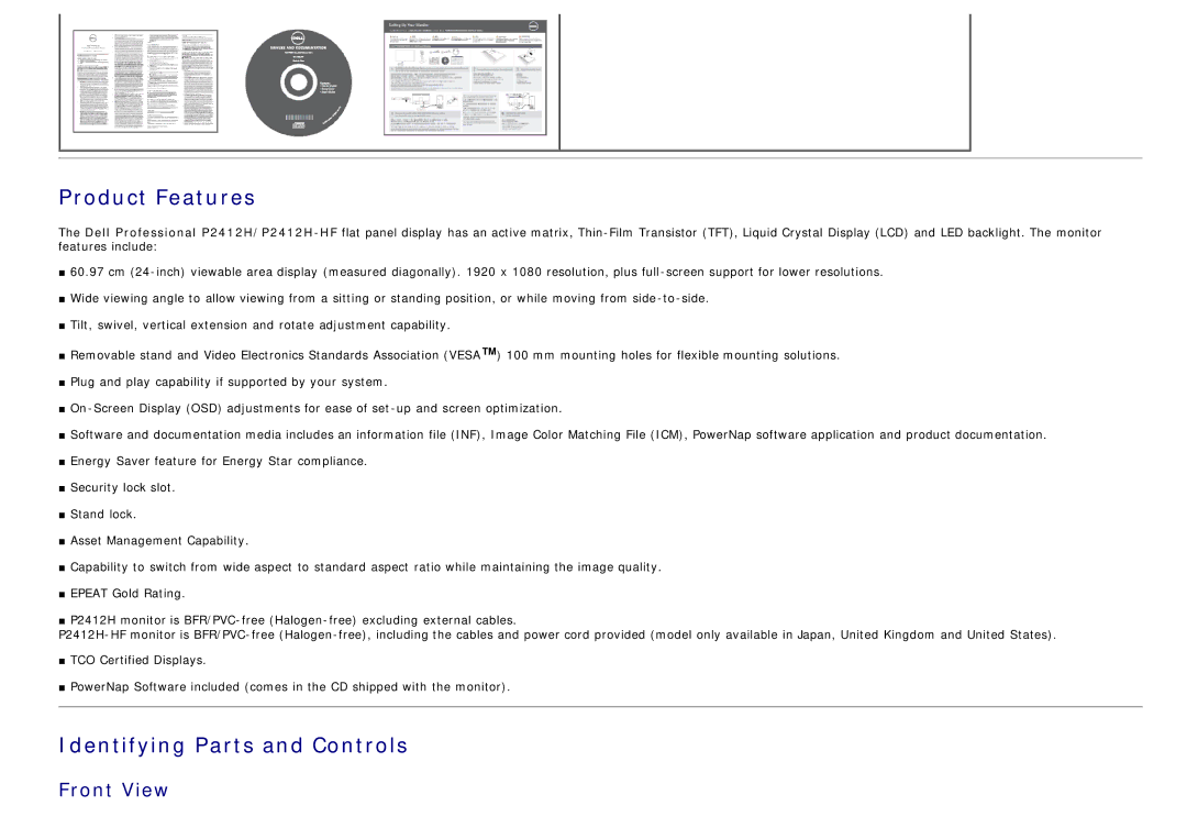 Dell 4691381, P2412H-HF manual Product Features, Front View 