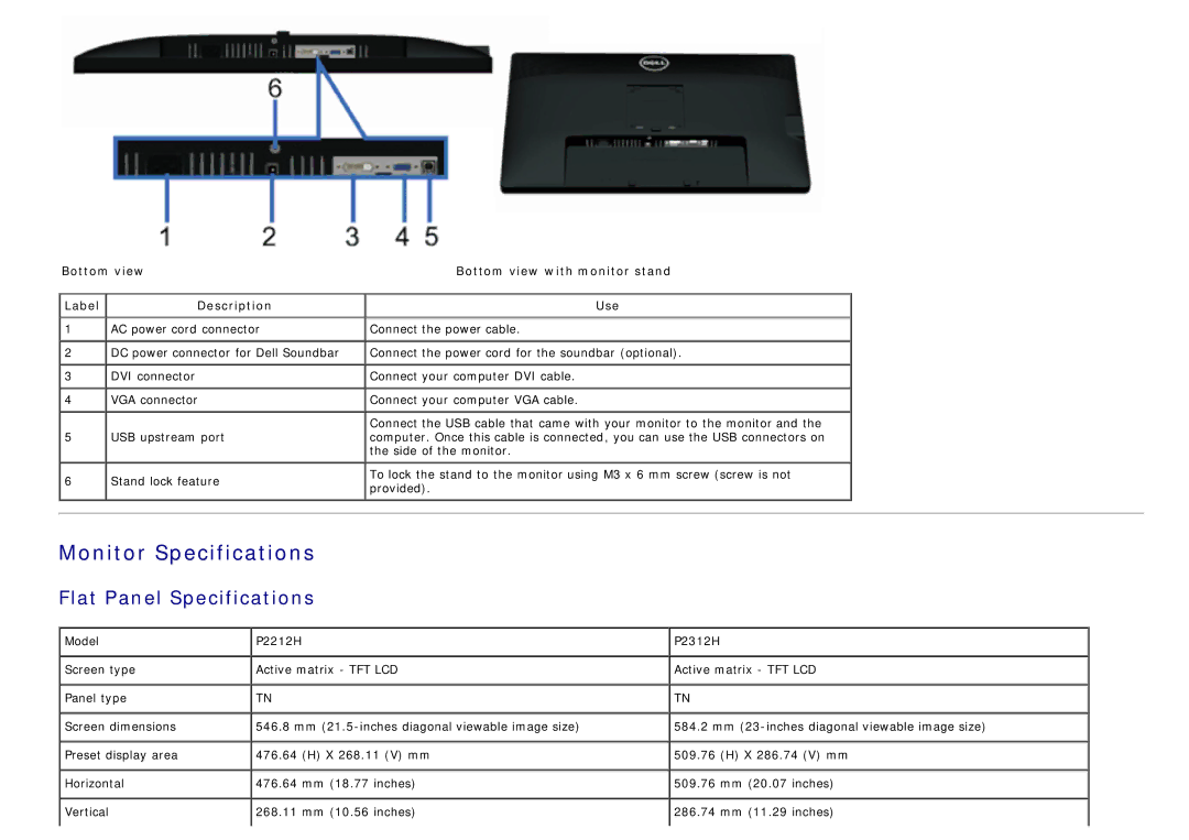 Dell 4691622 manual Flat Panel Specifications, Bottom view Label Description, Bottom view with monitor stand Use 