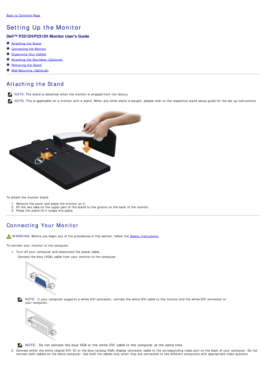 Dell 4691622 manual Setting Up the Monitor, Dell P2212H/P2312H Monitor Users Guide 