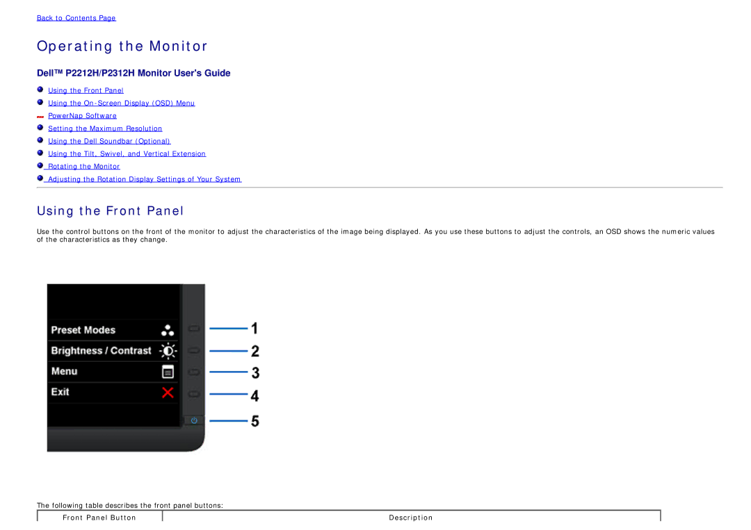 Dell 4691622 manual Operating the Monitor, Using the Front Panel 