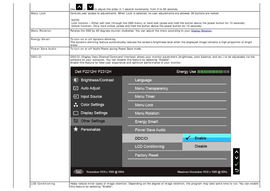 Dell 4691622 Menu Lock, Menu Rotation, Energy Smart, Power Save Audio, LCD Conditioning, This feature by selecting Enable 