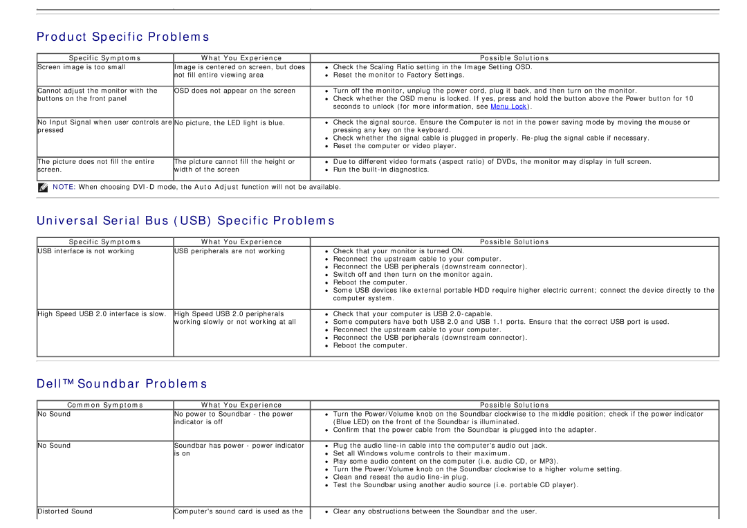 Dell 4691622 manual Product Specific Problems, Universal Serial Bus USB Specific Problems, Dell Soundbar Problems 
