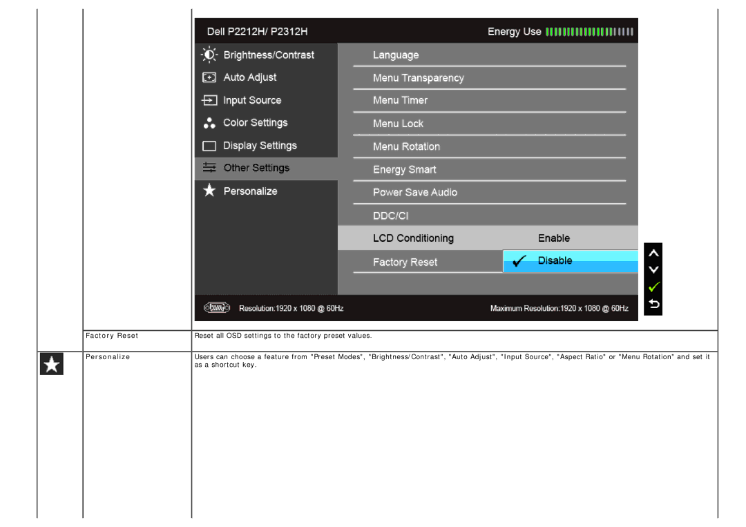 Dell 4691623 manual Factory Reset, Personalize, As a shortcut key 