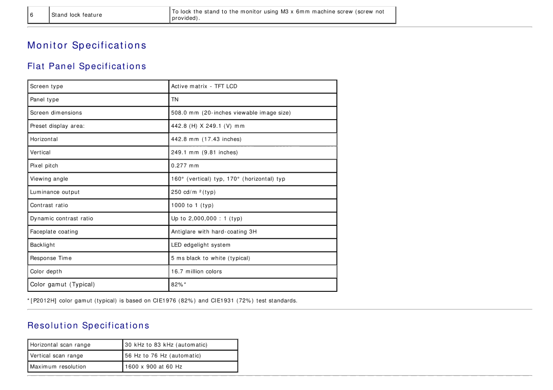 Dell 4691624, P2012H manual Monitor Specifications, Flat Panel Specifications, Resolution Specifications 