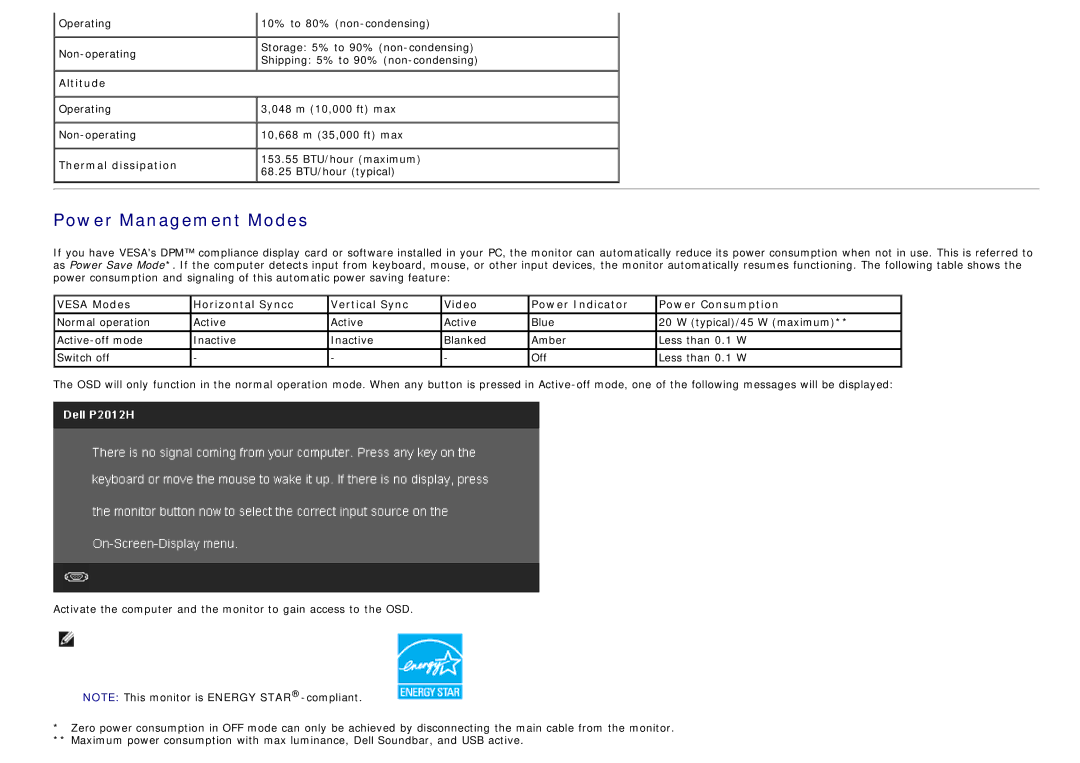 Dell P2012H, 4691624 manual Power Management Modes, Altitude, Thermal dissipation 