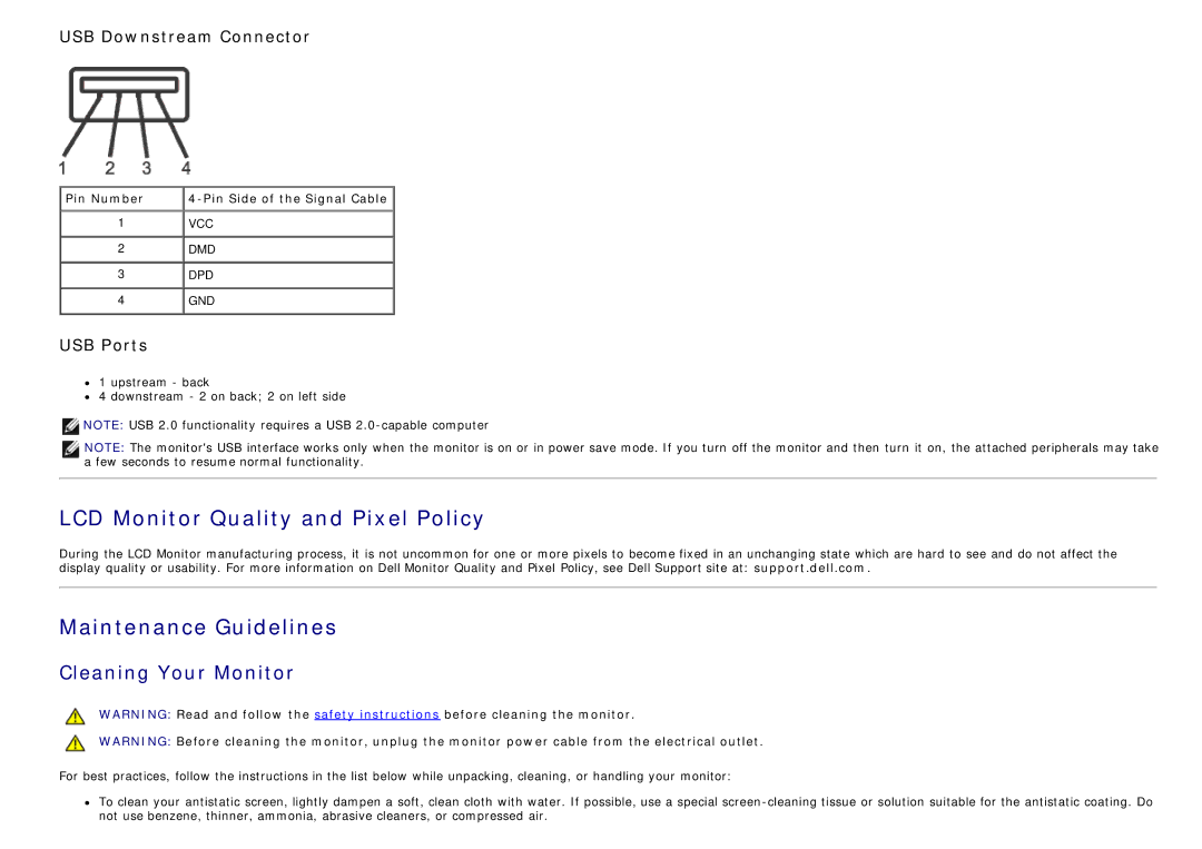 Dell P2012H, 4691624 manual LCD Monitor Quality and Pixel Policy, Maintenance Guidelines, Cleaning Your Monitor 