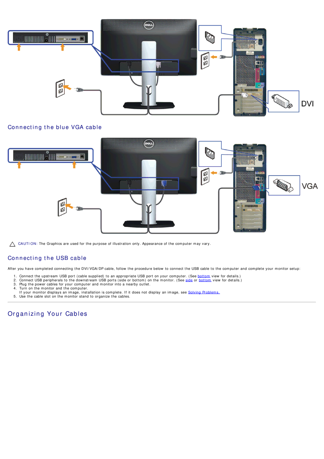 Dell 4691624, P2012H manual Organizing Your Cables, Connecting the blue VGA cable Connecting the USB cable 