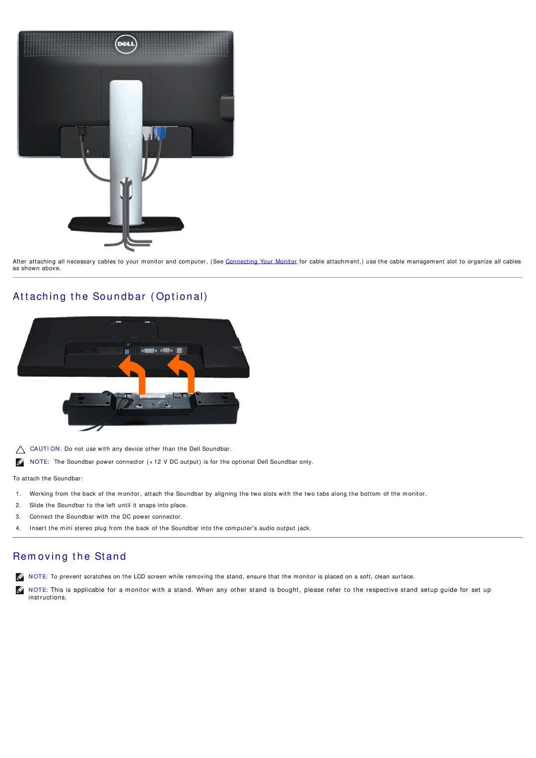 Dell P2012H, 4691624 manual Attaching the Soundbar Optional, Removing the Stand 