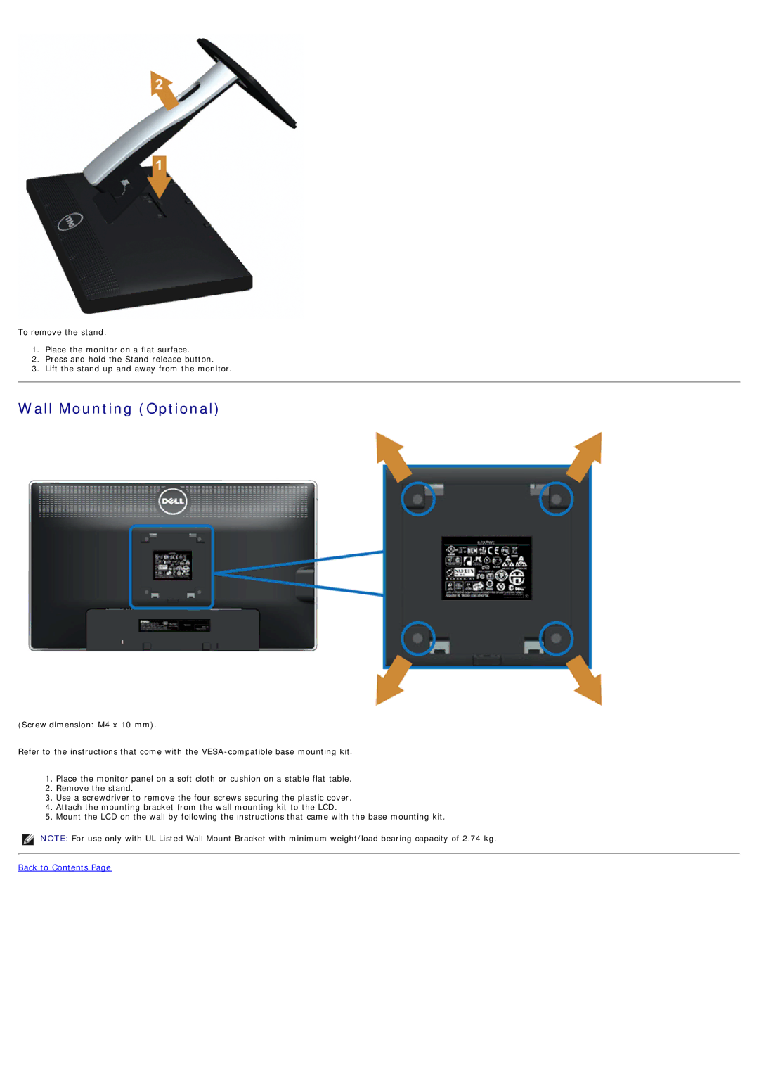 Dell 4691624, P2012H manual Wall Mounting Optional 