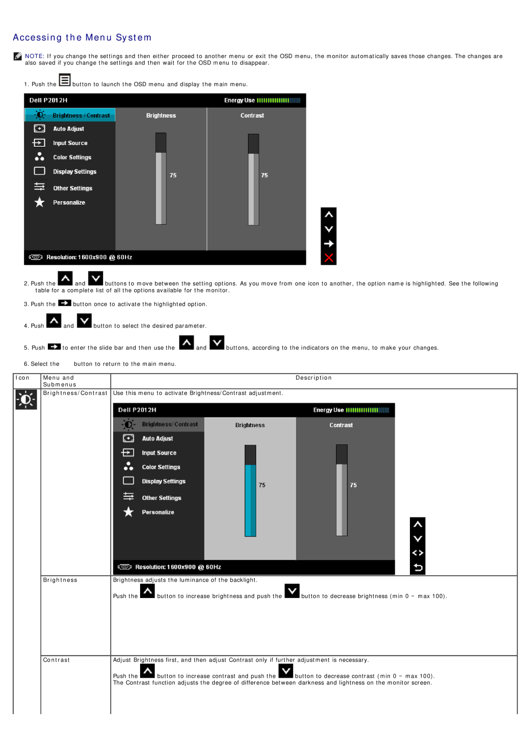 Dell 4691624, P2012H manual Icon Menu, Contrast 