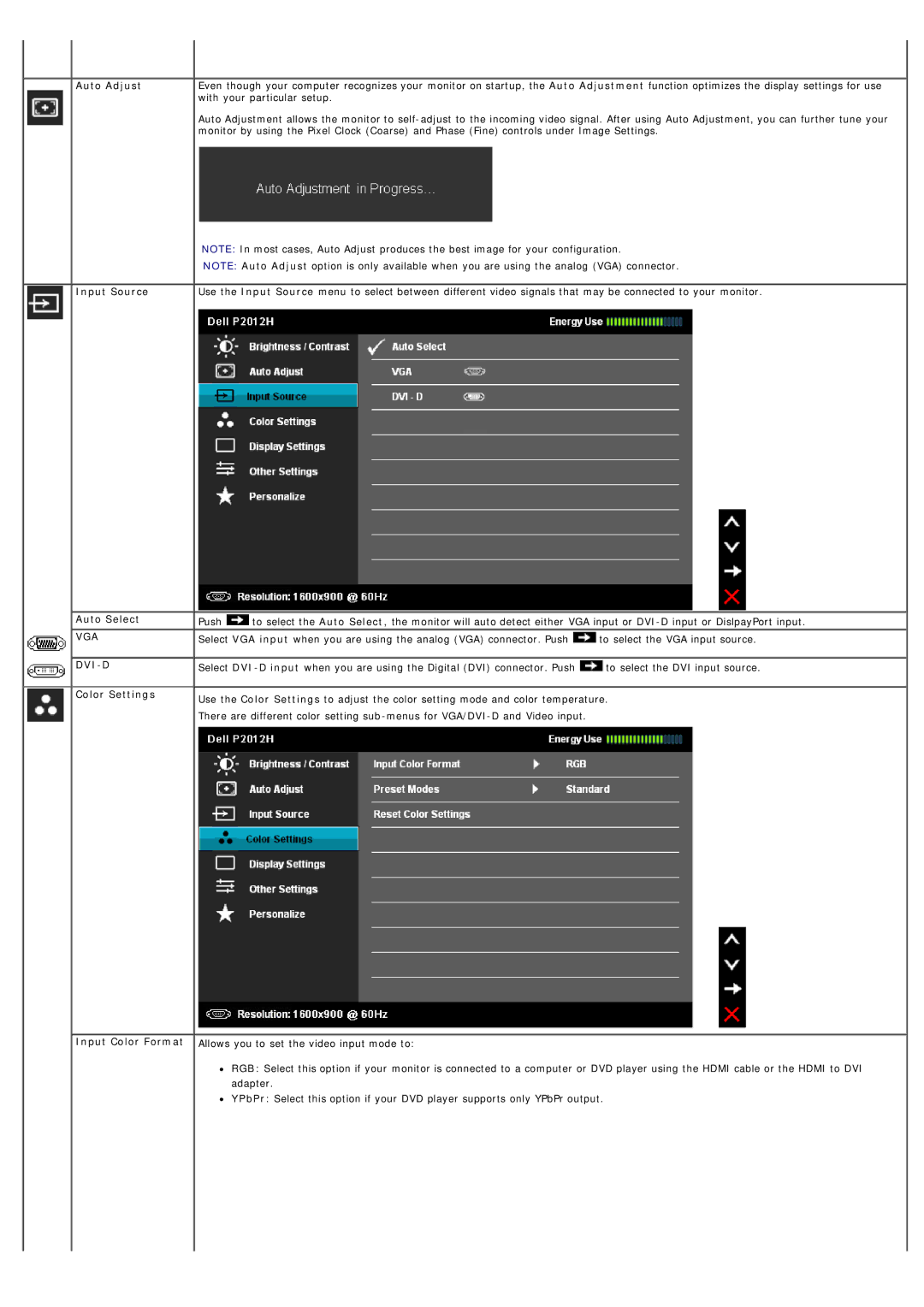 Dell P2012H, 4691624 manual Auto Adjust Input Source Auto Select, DVI-D Color Settings Input Color Format 