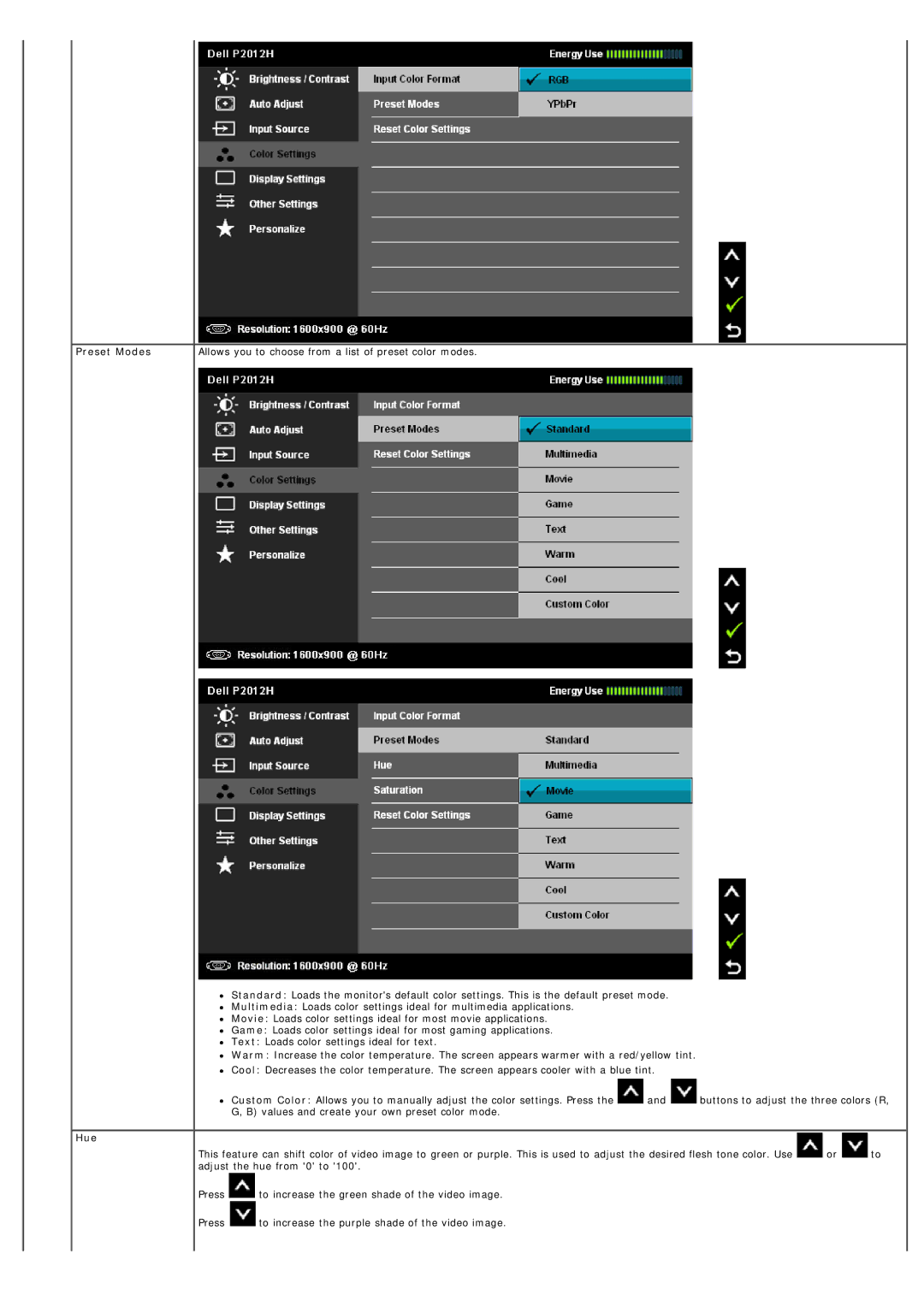 Dell 4691624, P2012H manual Preset Modes, Hue 