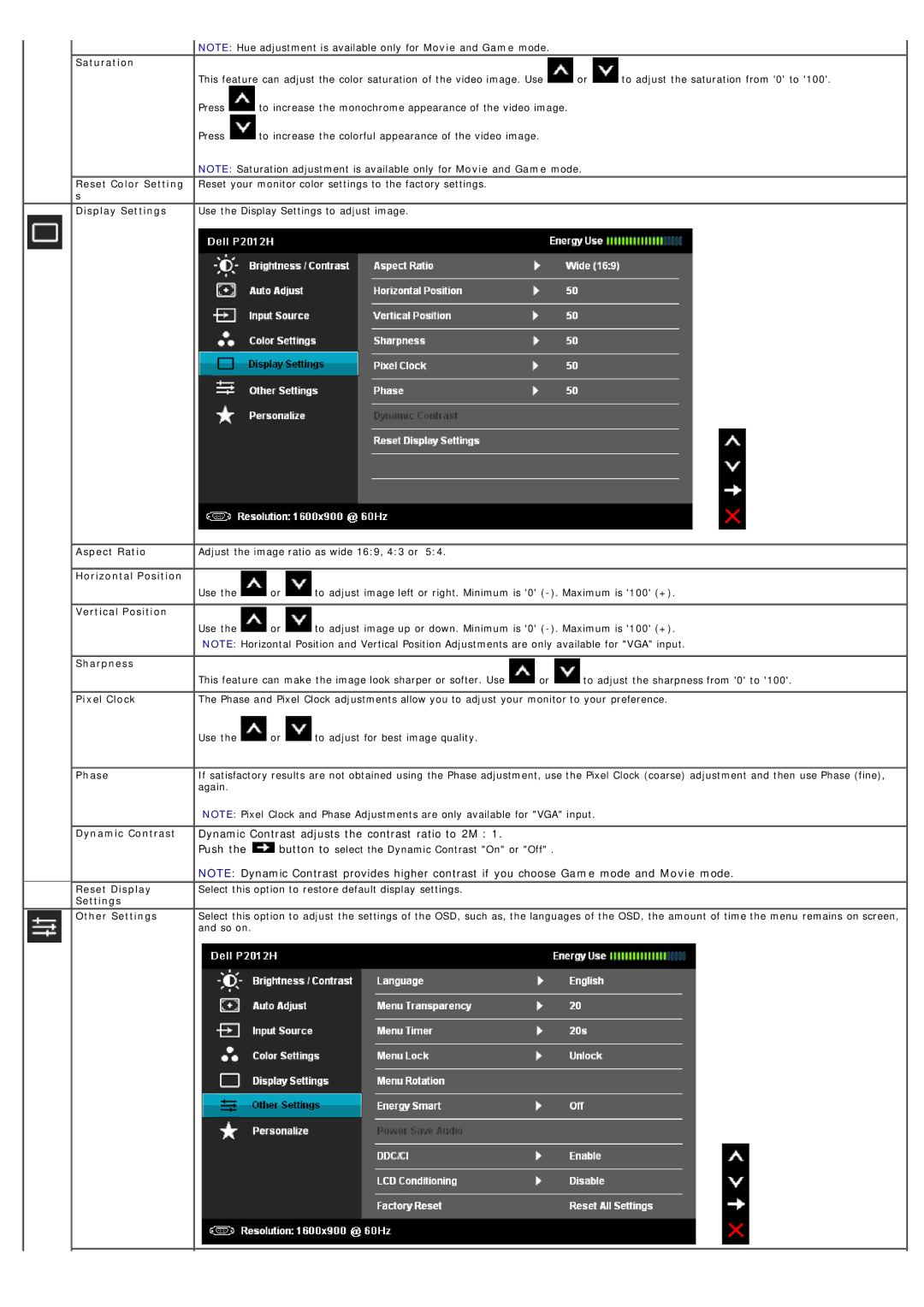 Dell P2012H Saturation, Aspect Ratio, Horizontal Position, Vertical Position, Sharpness, Pixel Clock, Phase, Reset Display 