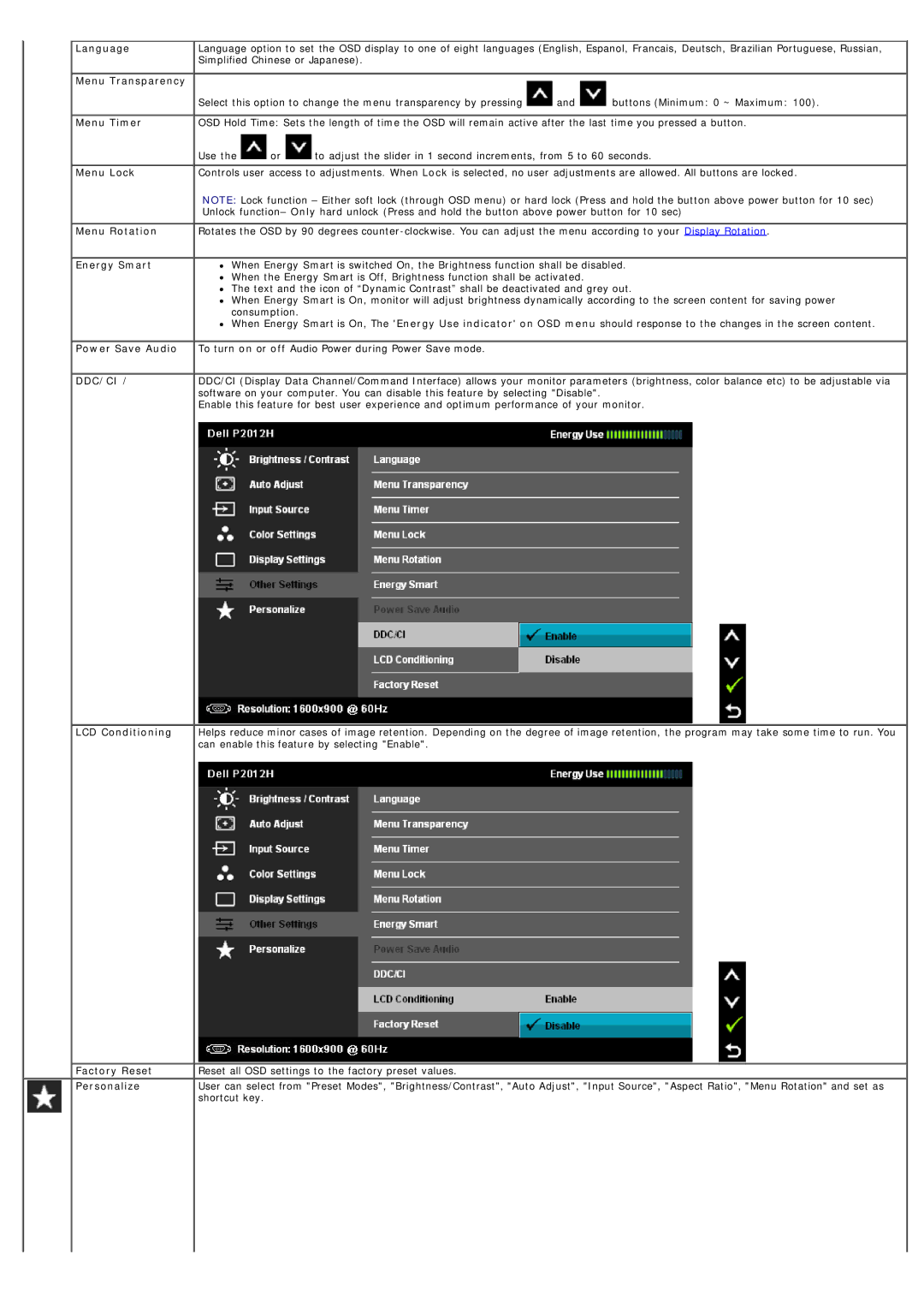 Dell 4691624, P2012H Language, Menu Transparency, Menu Timer, Menu Lock, Menu Rotation, Energy Smart, Power Save Audio 