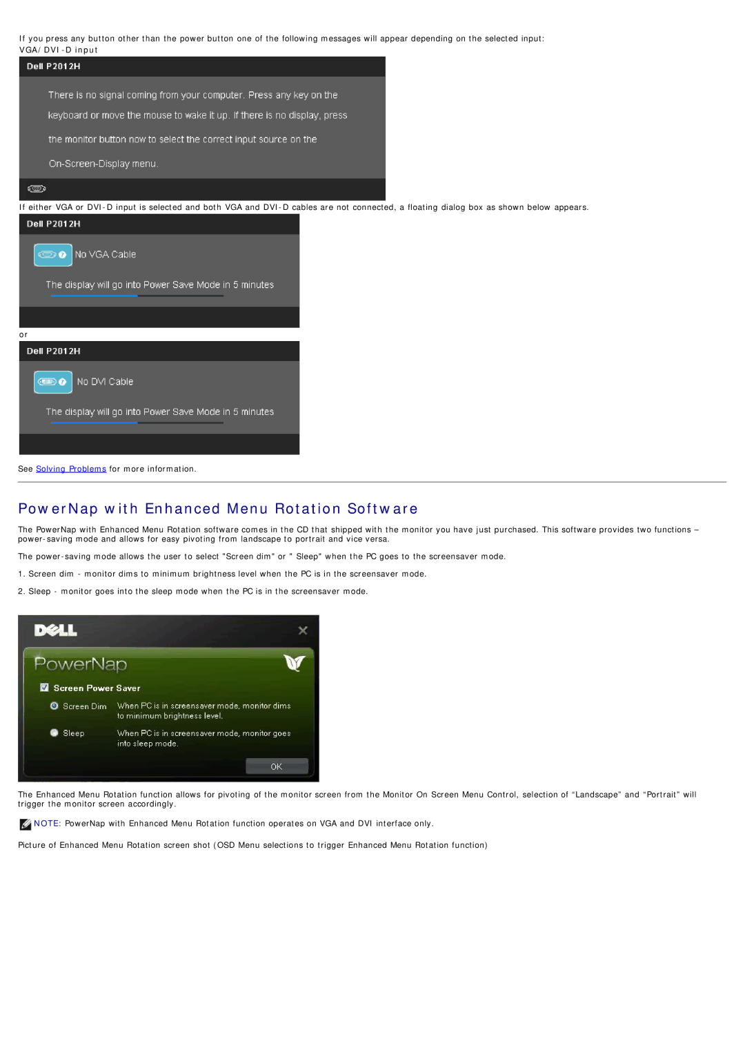 Dell 4691624, P2012H manual PowerNap with Enhanced Menu Rotation Software, VGA/DVI-D input 