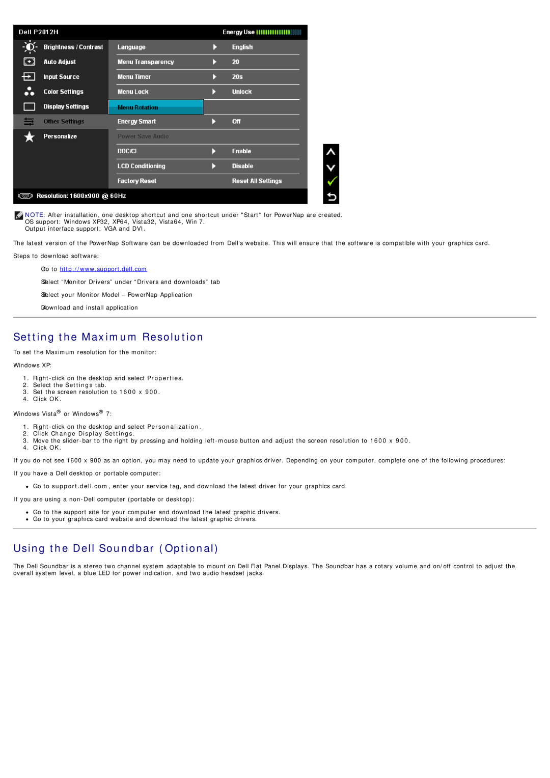 Dell P2012H, 4691624 manual Setting the Maximum Resolution, Using the Dell Soundbar Optional, Click Change Display Settings 