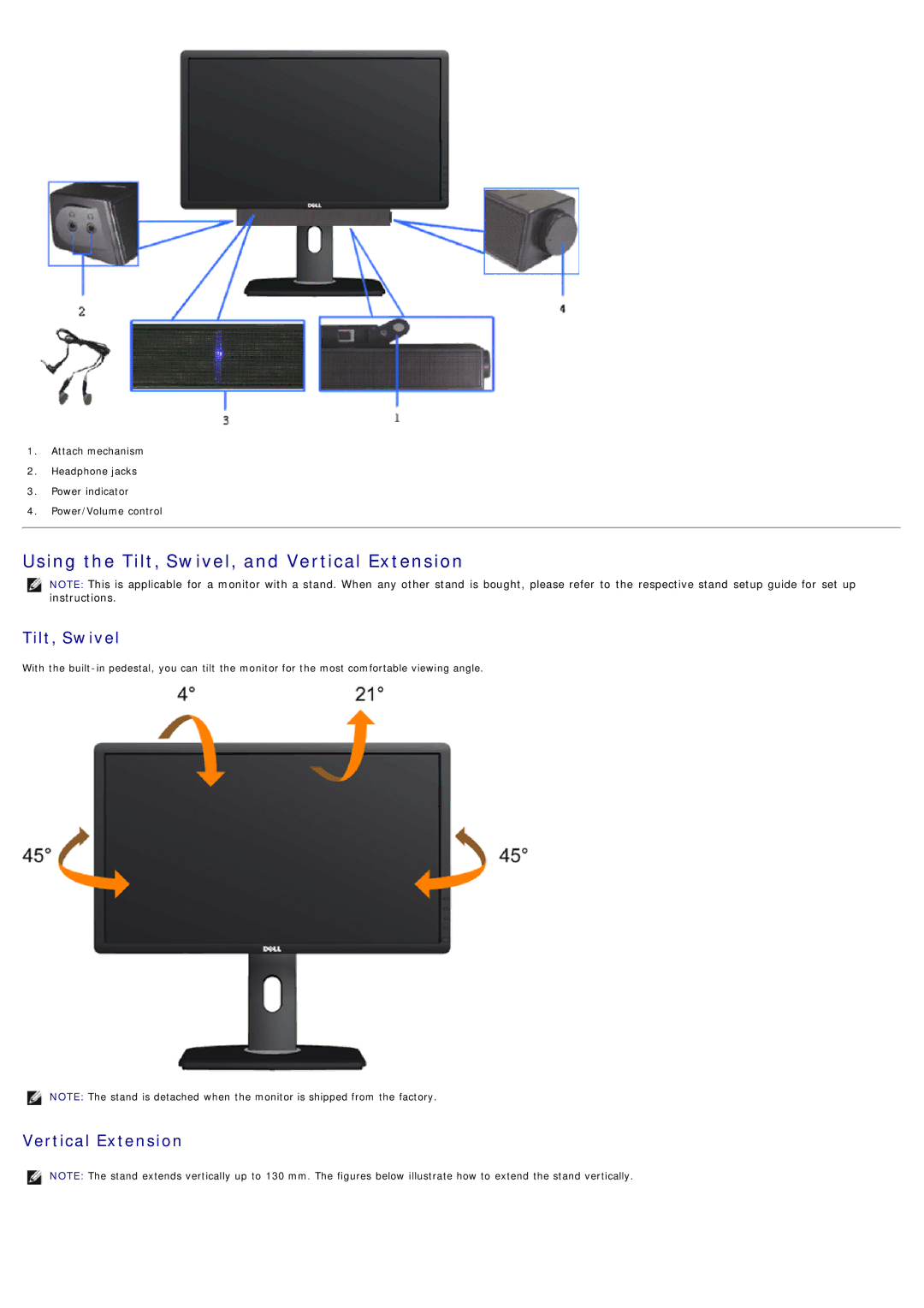 Dell 4691624, P2012H manual Using the Tilt, Swivel, and Vertical Extension 