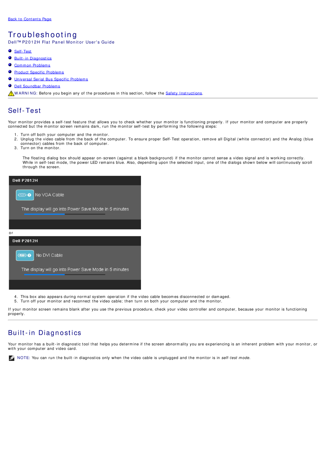 Dell 4691624 manual Troubleshooting, Dell P2012H Flat Panel Monitor Users Guide 