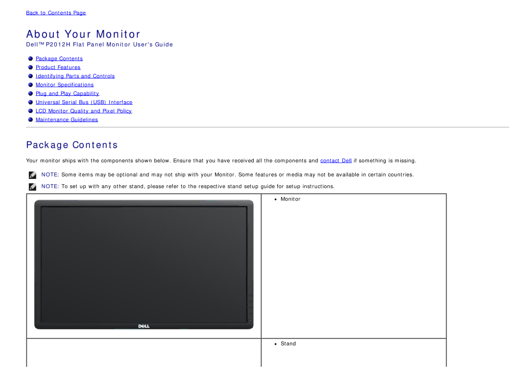 Dell 4691624, P2012H manual About Your Monitor, Package Contents 