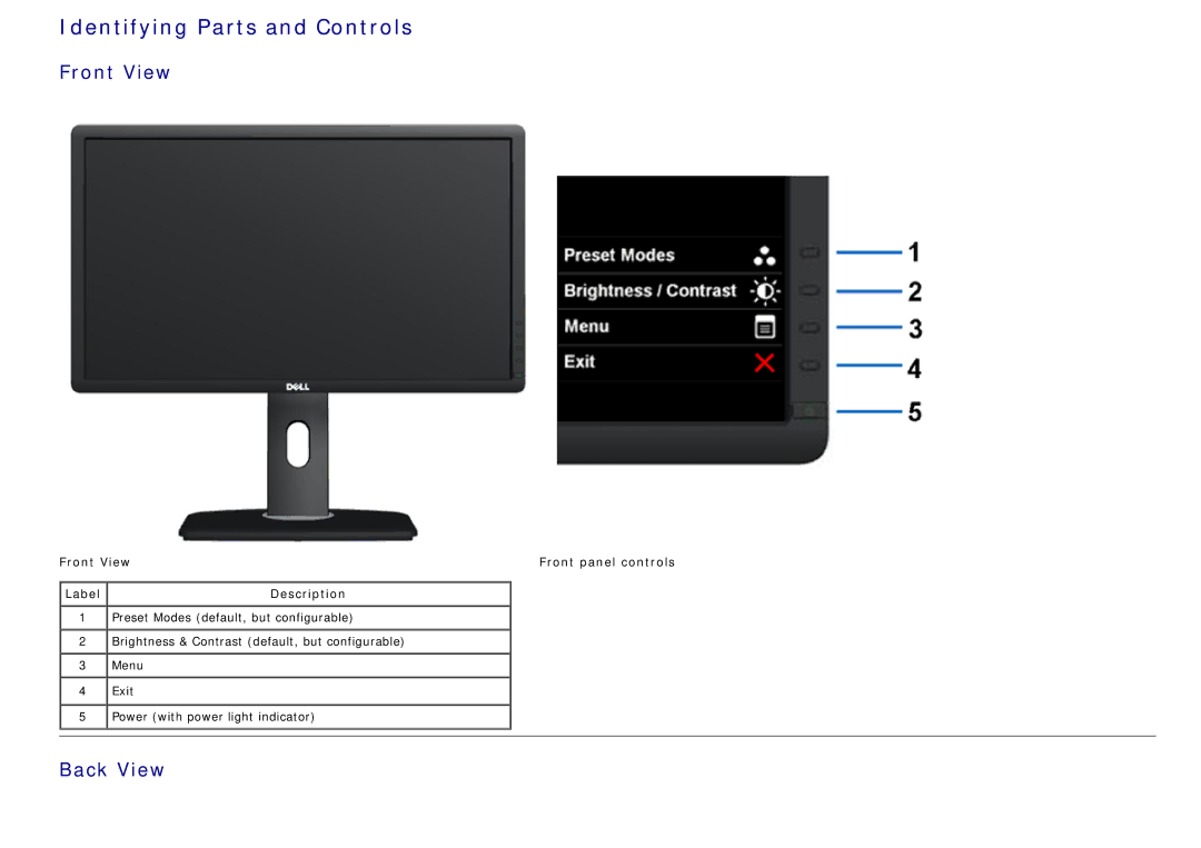 Dell P2012H, 4691624 manual Identifying Parts and Controls, Back View, Front View Front panel controls 