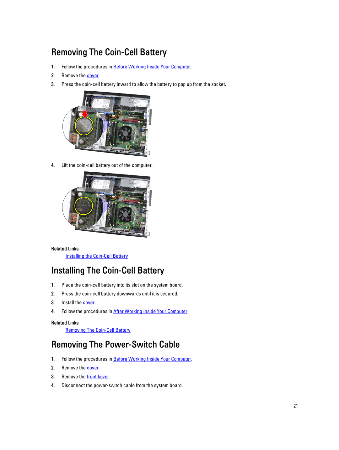 Dell 4691901 owner manual Removing The Coin-Cell Battery, Installing The Coin-Cell Battery, Removing The Power-Switch Cable 