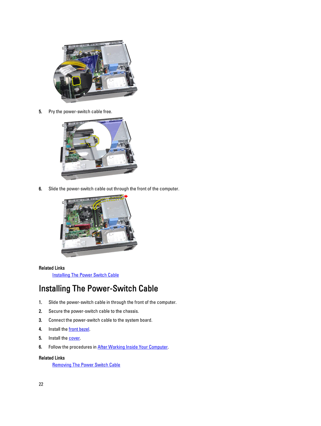 Dell 4691901 owner manual Installing The Power-Switch Cable 