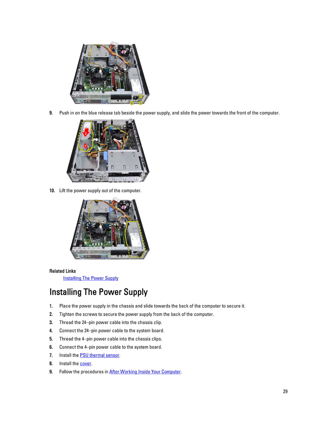 Dell 4691901 owner manual Installing The Power Supply 