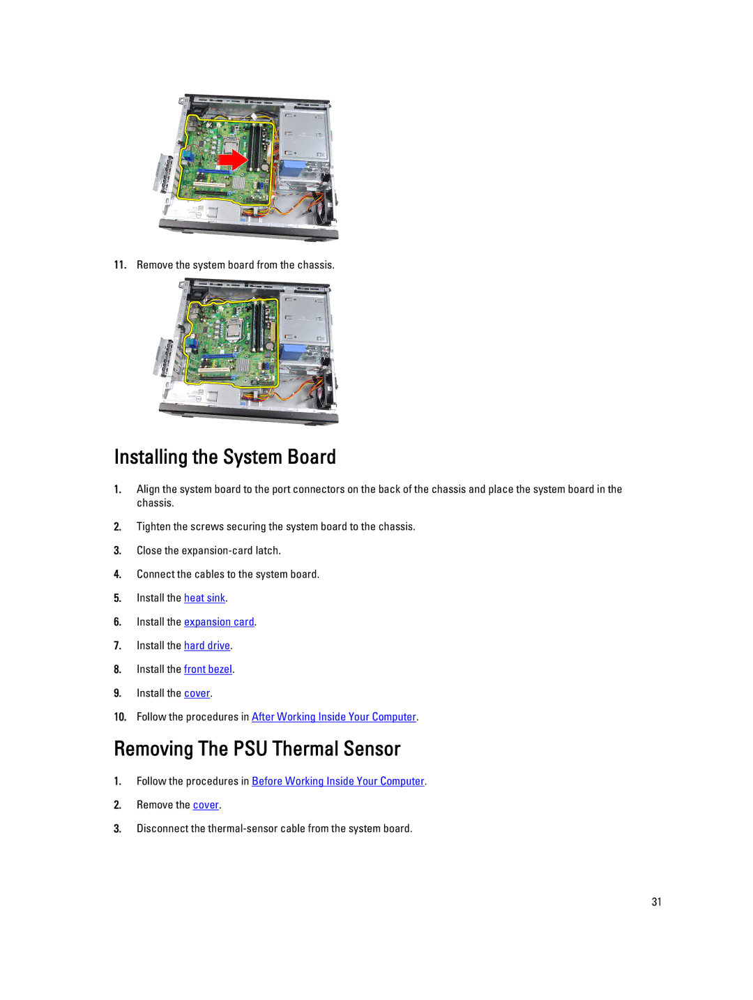 Dell 4691901 Installing the System Board, Removing The PSU Thermal Sensor, Remove the system board from the chassis 