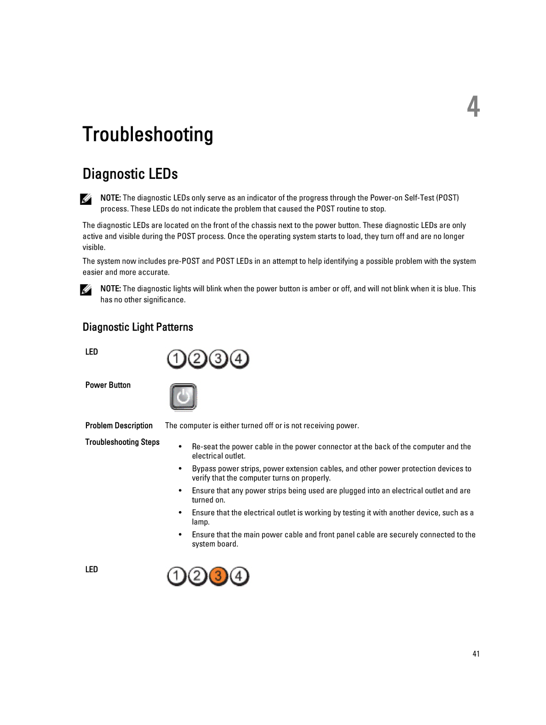 Dell 4691901 owner manual Diagnostic LEDs, Diagnostic Light Patterns, Power Button 