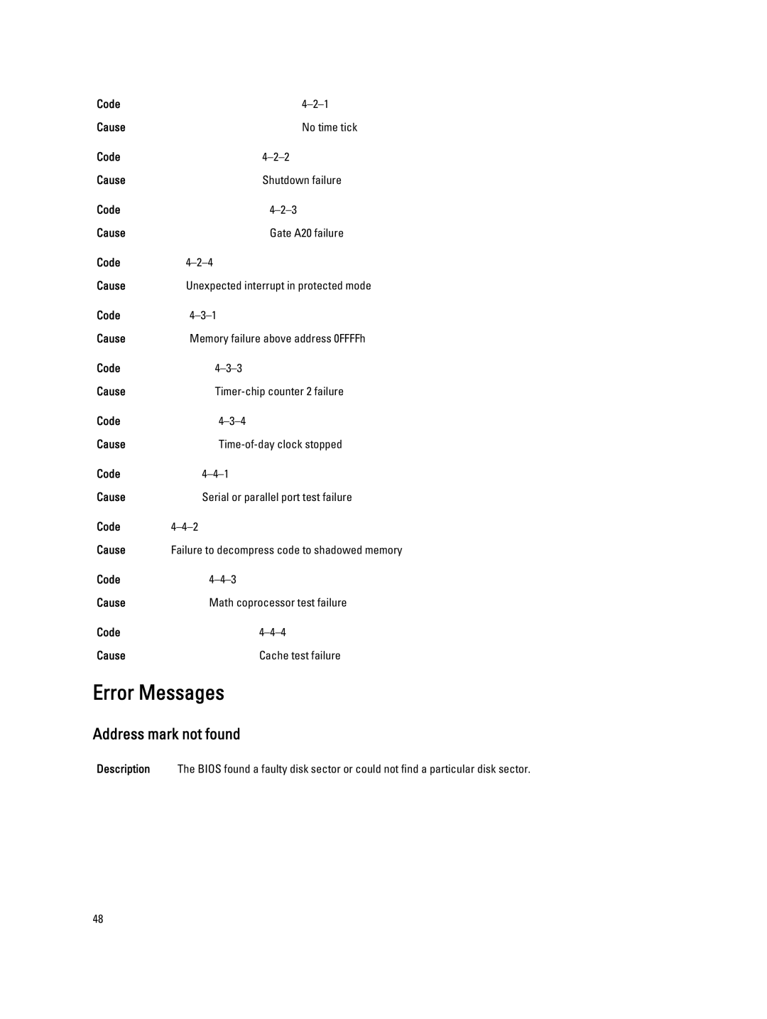 Dell 4691901 owner manual Error Messages, Address mark not found, Code Cause No time tick Shutdown failure Gate A20 failure 