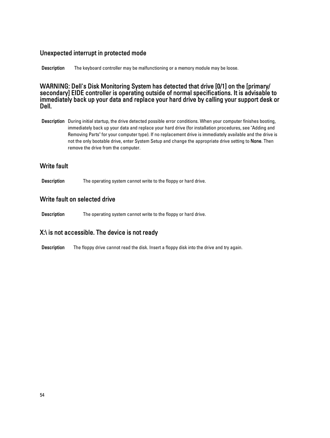 Dell 4691901 owner manual Unexpected interrupt in protected mode, Write fault on selected drive 