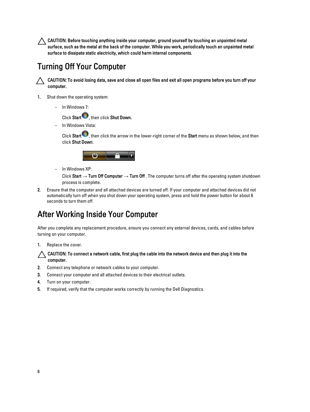 Dell 4691901 owner manual Turning Off Your Computer, After Working Inside Your Computer 