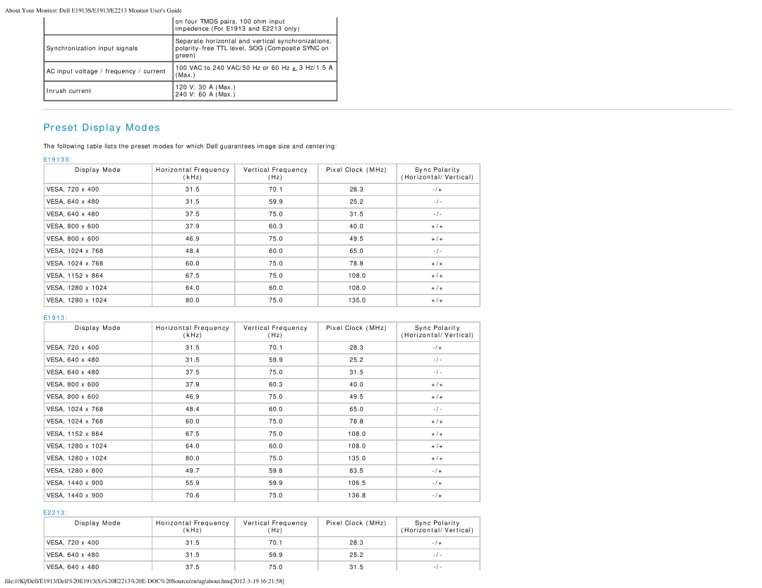 Dell 4693132 appendix Preset Display Modes 